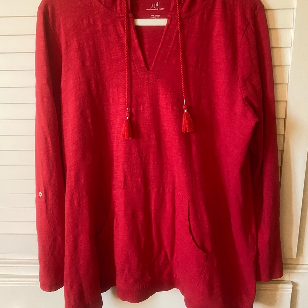 J. Jill Red V-Neck Hooded Pullover with Tassels